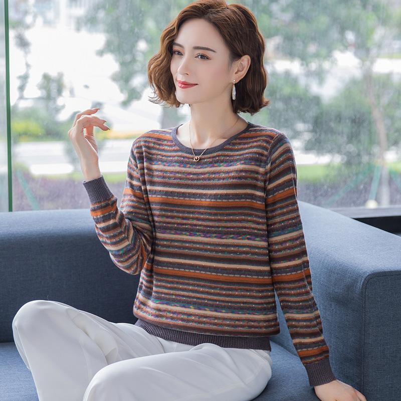 Middle Age Women Striped Knit Sweater Low Round Neck Pullover Casual Blouse