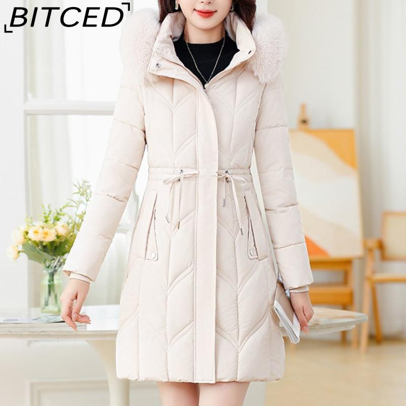 

BITCED Winter Women s Mid-Length Slim-Fit Cotton Coat with Large Fur Collar Down-Filled Quilted Jacket L белый