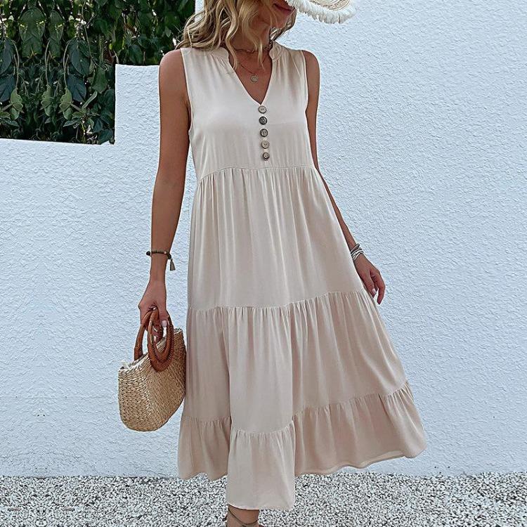 Robe d'été pour femme, coupe trapèze, longueur genou, sans manches, couleur unie, col en V