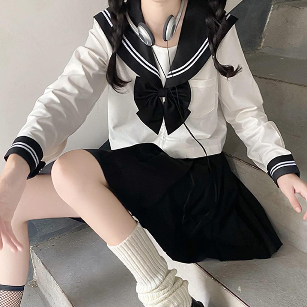 [Milky Time] Sailor Suit, Long Sleeve, School Uniform, High School Girl Cosplay (L, Black X White)