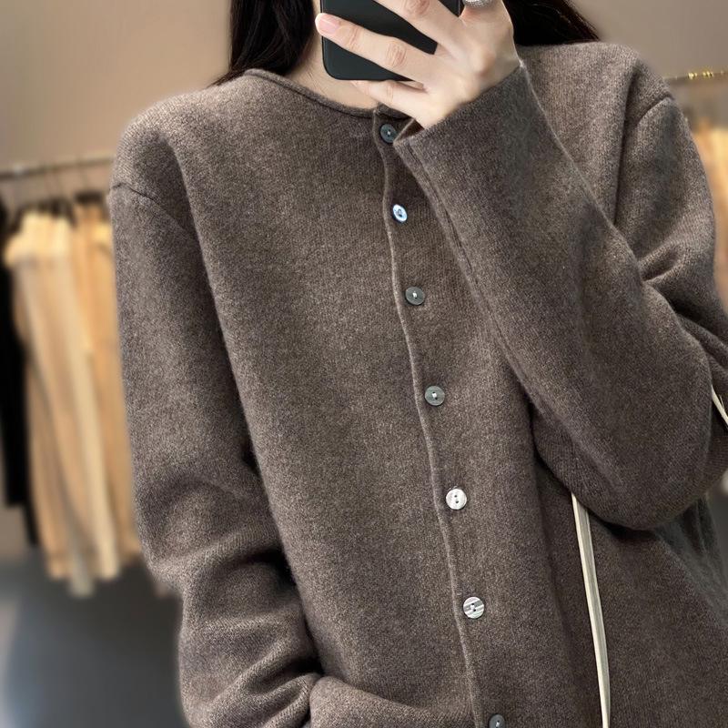 Rolled Edge Cashmere Wool Loose Round Neck Cardigan Sweater: Stylish Slim-Fit Knit for Women in Solid Colors for Spring