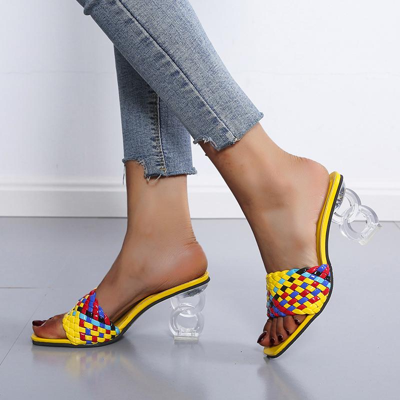 Plus Size Women's Woven Design High-heeled Slippers Summer New Thick Colorful Woven Anti-slip Fashion Open-toed Slippers.