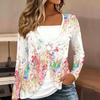 Tops for Women Flower Print Long Sleeve Fake Two‑Piece Top Fall Casual Slim Pullover Women's Long Sleeve Top