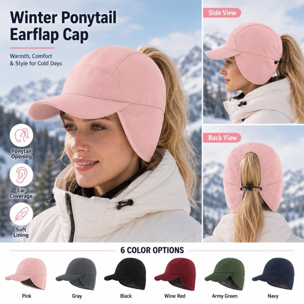 Women'S Winter Outdoor Baseball Cap, Earflap Hat with Ponytail Opening And Curved Brim, Casual Cap for Walking, Commuting, Weekend Trips, And Travel