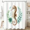 Seahorse Shell Shower Curtain Watercolor Marine Life Print For Bathroom Decor, Green Leaf Design Size 72X84 Inches (White)