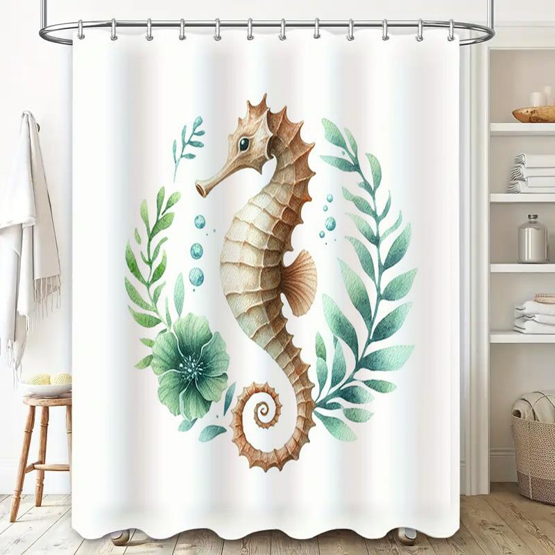 Seahorse Shell Shower Curtain Watercolor Marine Life Print For Bathroom Decor, Green Leaf Design Size 72X84 Inches (White)