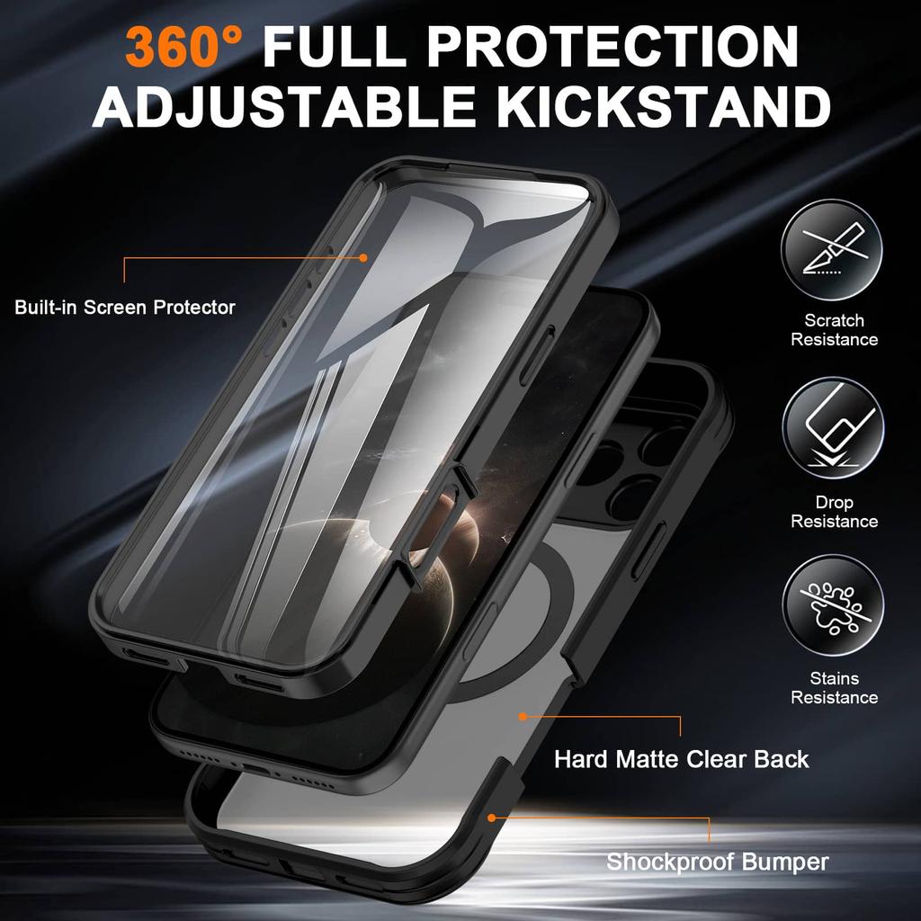 For iPhone 17 Pro Max Air Full Body Shockproof Case with Invisible Stand [Compatible with Magnetic] Built-in Screen Protector