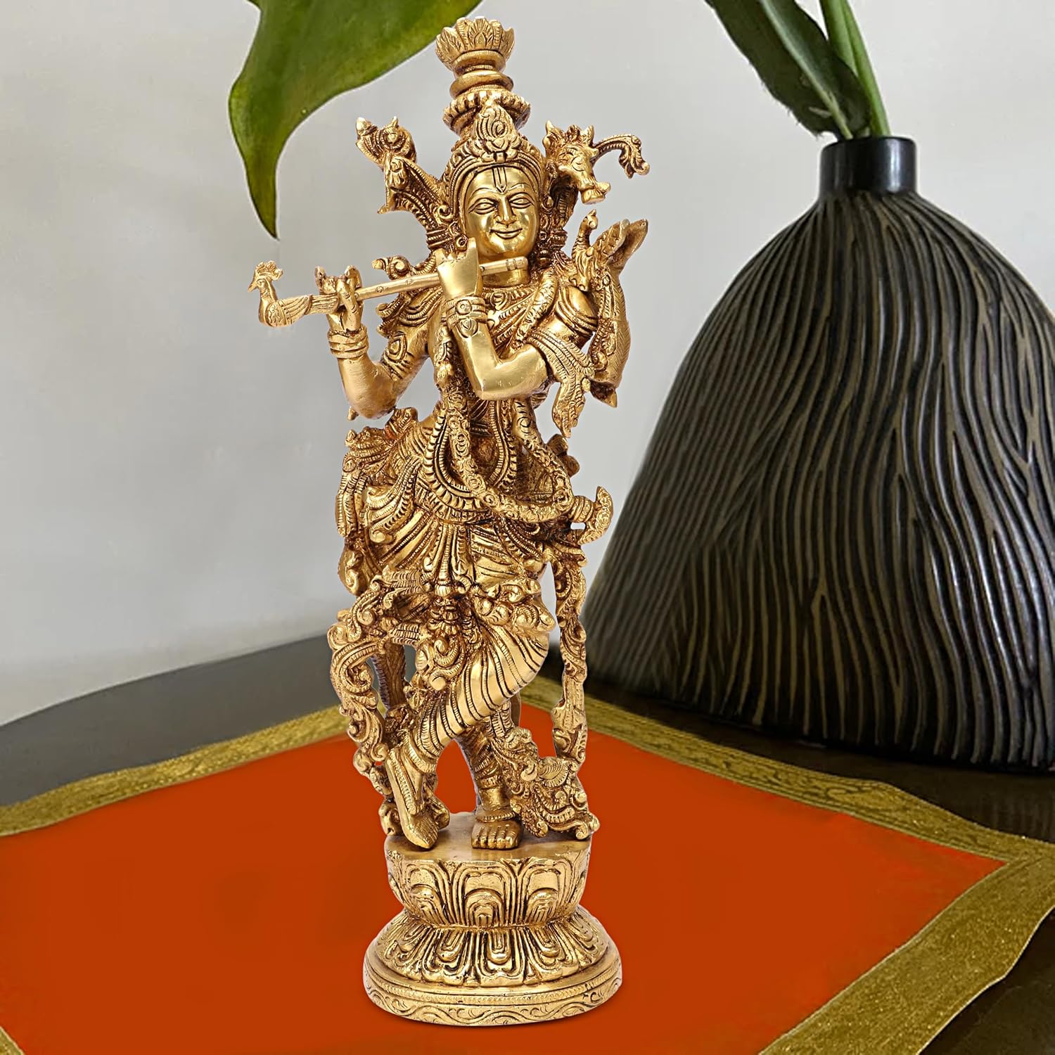 

Lord Krishna Idol Playing Flute, Metal Murti, Religious, Brass, Gold - 14 Inch