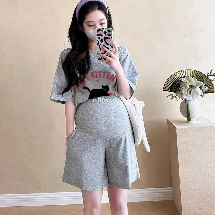 

2026 Summer Korean Style Maternity Plus Size Cartoon Letter Pajama Set - Grey Short Sleeve Top XXL [145-160 lbs]