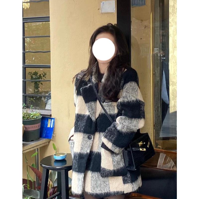 Retro Suit Woolen Plaid Jacket for Women In Autumn and Winter Thickened New Winter Versatile Lazy Style Coat