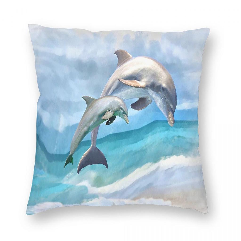 Playful Dolphins Pillowcase Polyester Linen Velvet Pattern Zip Decorative Throw Pillow Case Sofa Seater Cushion Cover