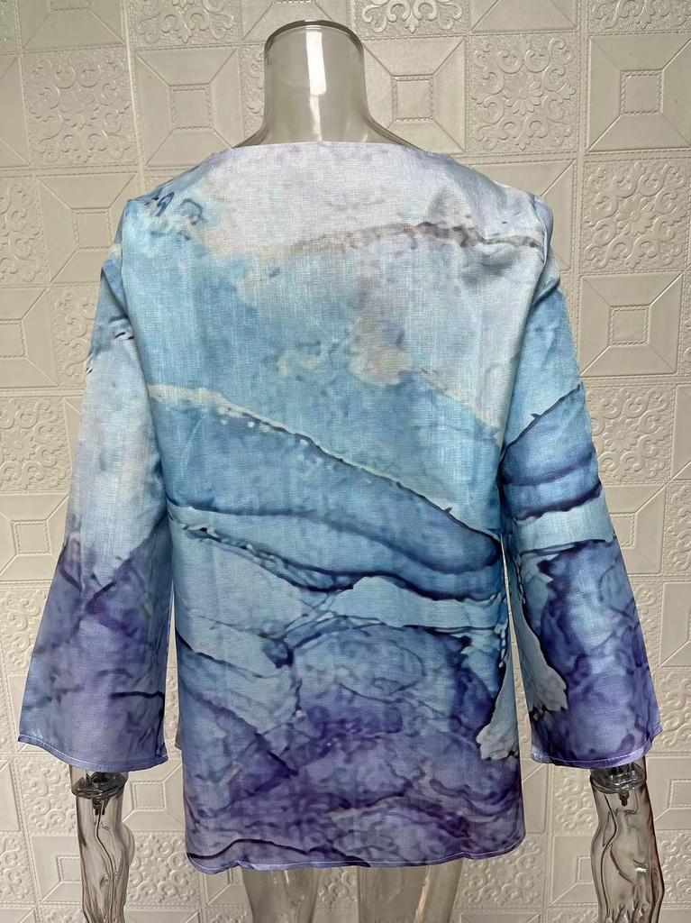 2024 Women's Plus Size Casual V-Neck Long Sleeve Printed Top