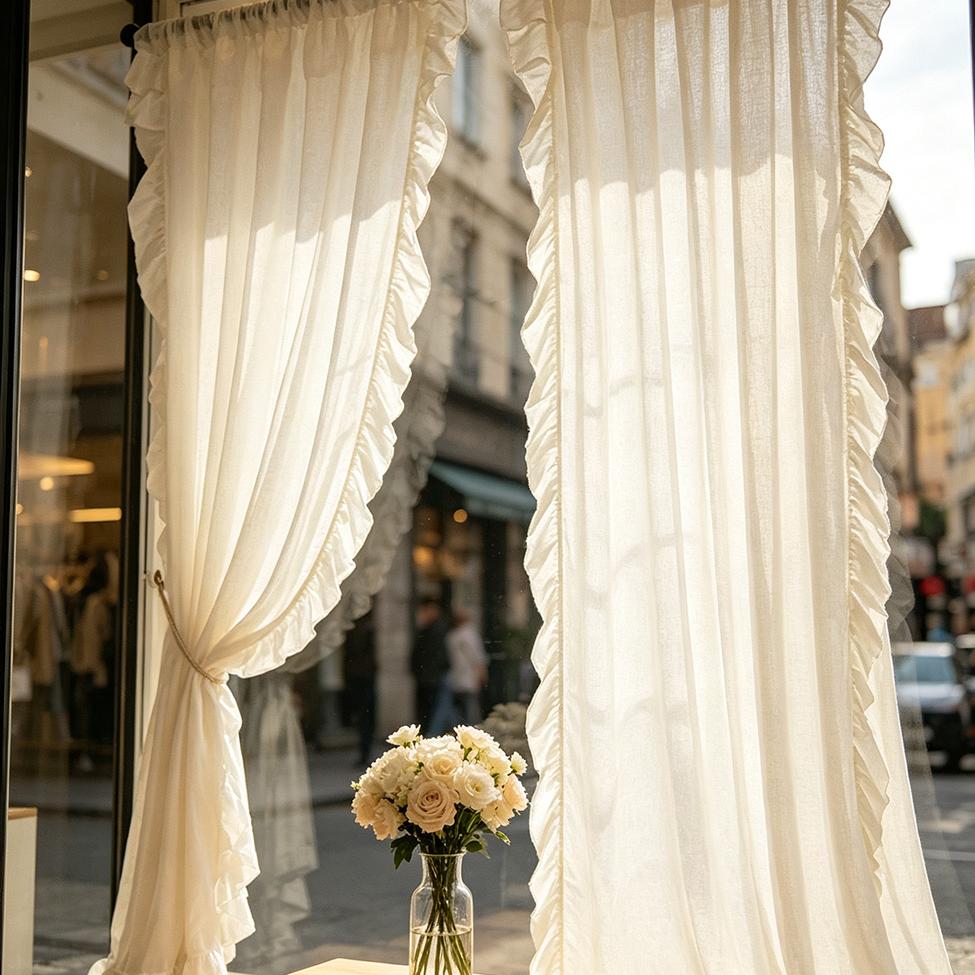 1pz Tenda in Puro Cotone con Volant e Tasca per Asta Adatta per Sala da Pranzo Balcone Porta Ristorante Studio Camera da Letto Vetrine Negozi