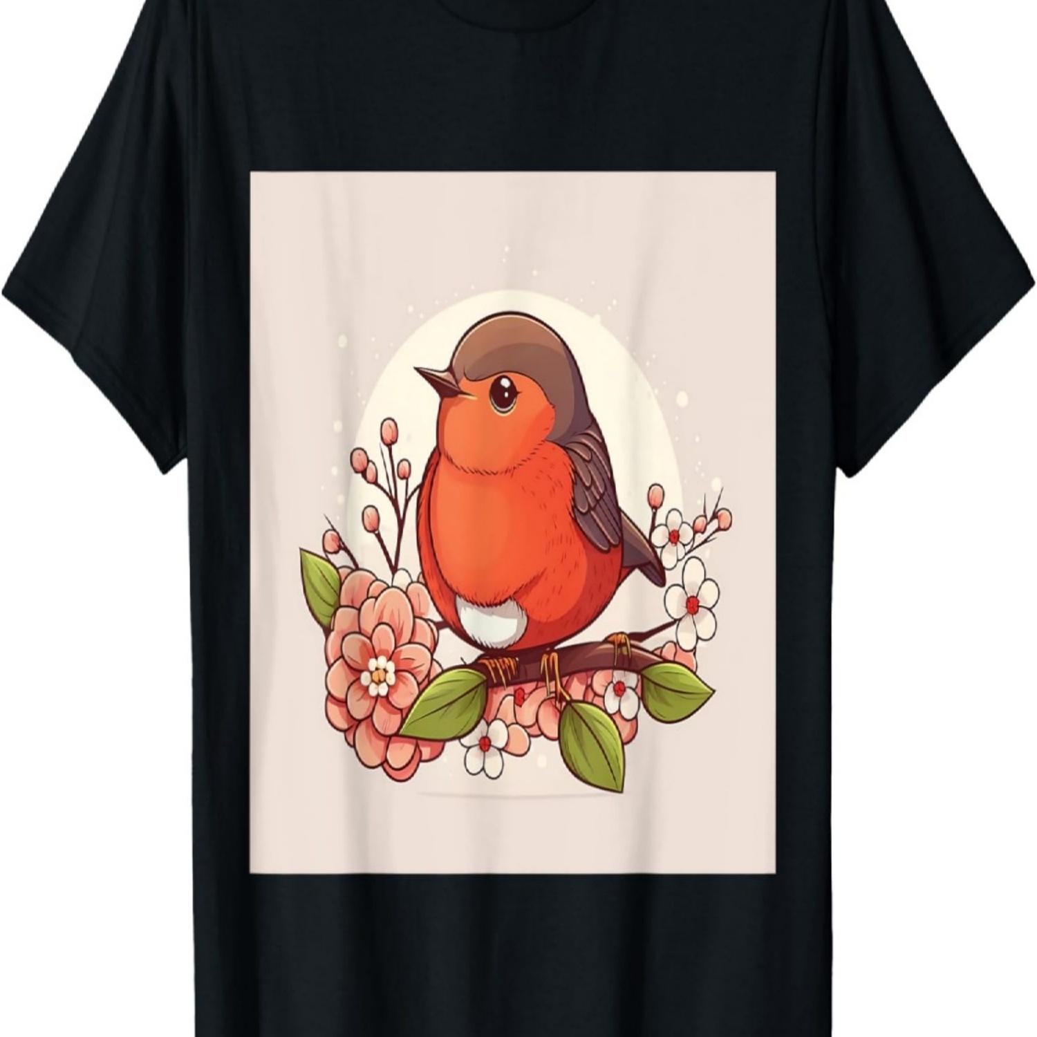 Elegant Cute Red Robin Kawaii Cherry Blossom Floral T-Shirt S