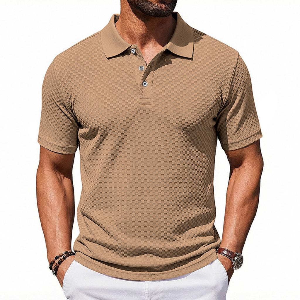Men's Short Sleeve Polo Shirt with Textured Pattern Classic Fit Button Down Collar Lightweight Casual Top