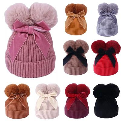 Kids Winter Thicken Hats Infant Baby Double Pom Pom Bow Hat Knitted Beanies