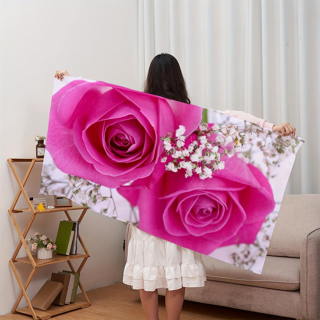 1Tropical Floral Pink Rose Pattern Bath Towel, Polyester Fabric, Machine Washable, Suitable For The Beach, Pool, Camping And Gym