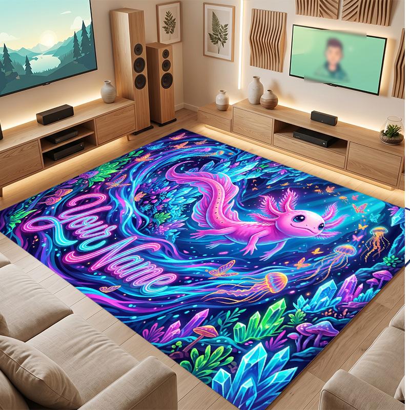 Axolotl Theme Soft Crystal Velvet Rug Custom Name & Text Print Non Slip Floor Rug for Bedroom Living Room