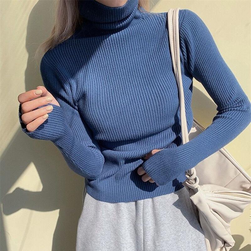 Women's Solid Color High Neck Thumb Hole Turtleneck Sweater - Autumn/Winter Stylish Thick Knit Long Sleeve Base Layer
