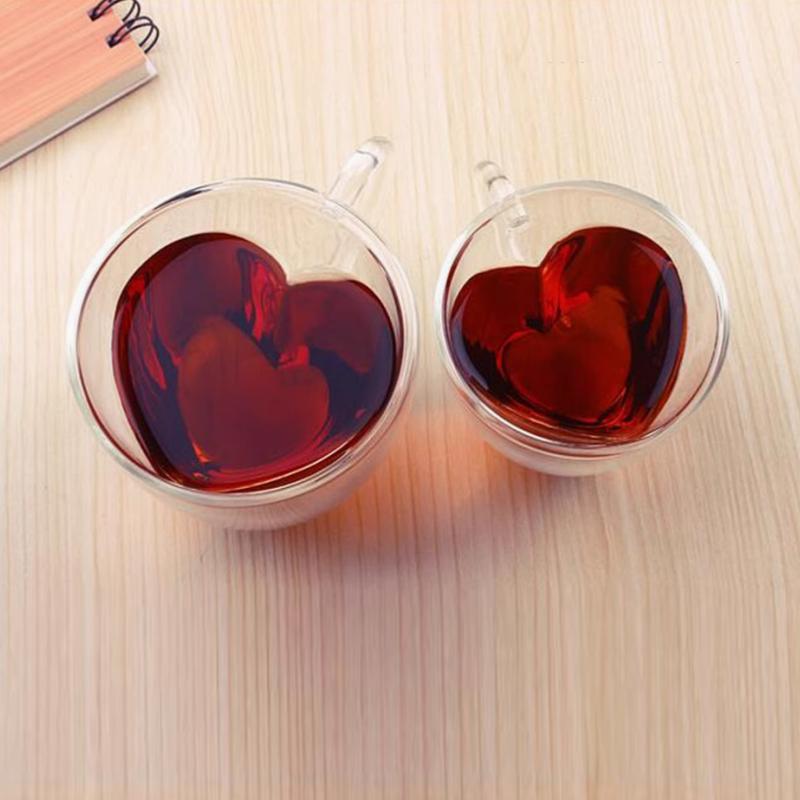 240ml Cană de Sticlă cu Borosilicat Înalt pentru Cuplu de Ziua Îndrăgostiților cu Izolație și Rezistență la Căldură Cană de Sticlă cu Strat Dublu în Formă de Inimă