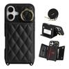 For iPhone 16 Case with Lanyard/Mirror/Card Holder Grids Pattern RFID Blocking Phone Cover