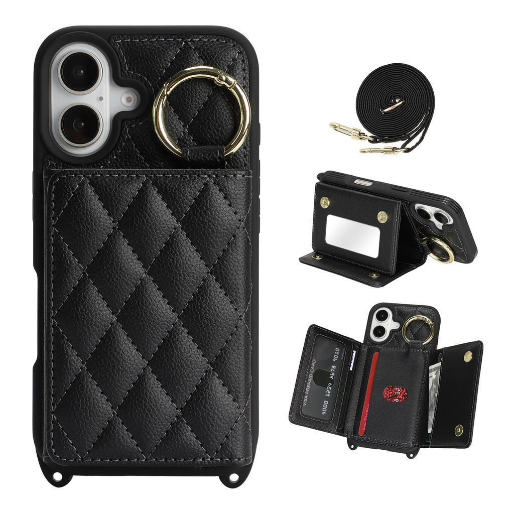 For iPhone 16 Case with Lanyard/Mirror/Card Holder Grids Pattern RFID Blocking Phone Cover