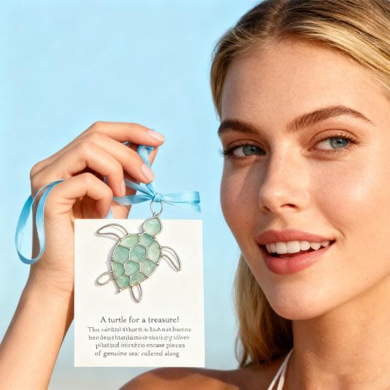 Sea Turtle Ornament with Card Sea Glass Turtle Gifts for Women Turtle Lovers Christmas Tree Hanging Decoration for Indoor Outdoor Home Decor