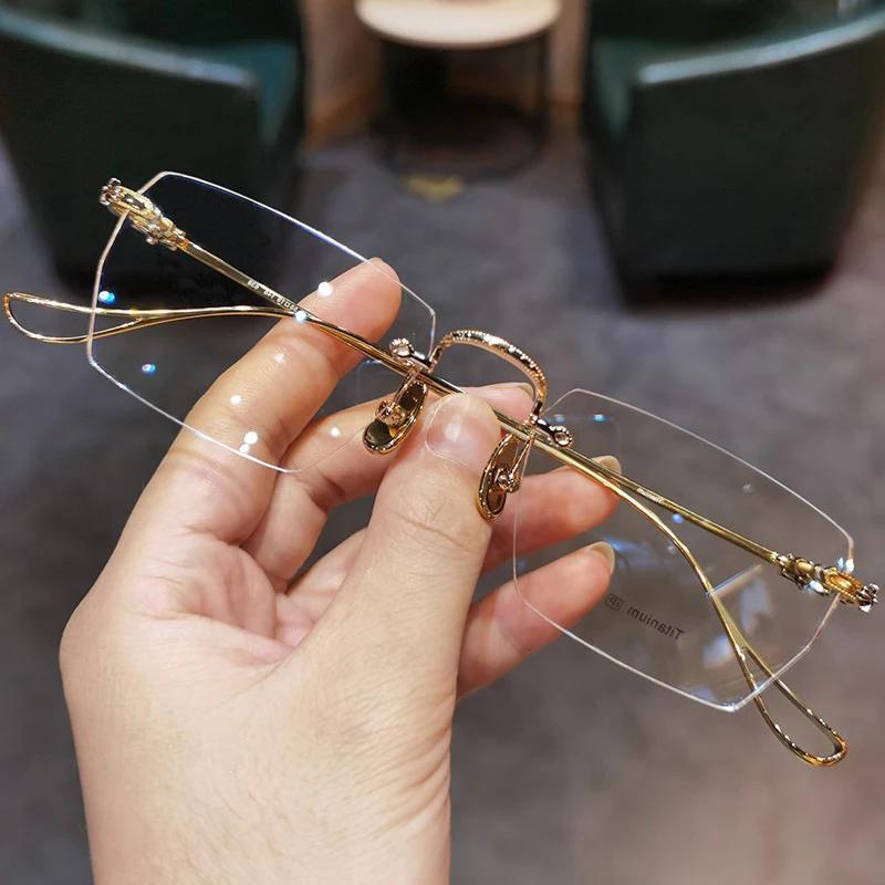 Randlose Lesebrille Luxus Herren Damen Altersweitsichtige Brille Blaulichtfilter Fertige Randlose Brille Dioptrie 0 bis +4.0