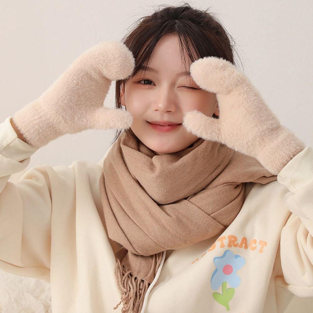 Fleece Knitted Gloves Full Fingers Winter Mittens Soft Plush Mittens  Skiing