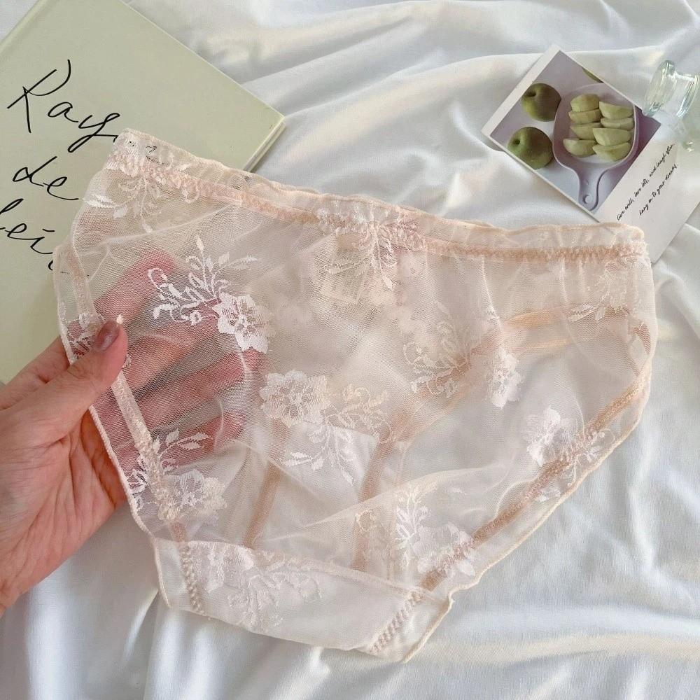 Sweet Low Waist Lace Panties Transparent Cotton Crotch Mesh Flower Briefs Bow Lingerie Underwear for Women Girl