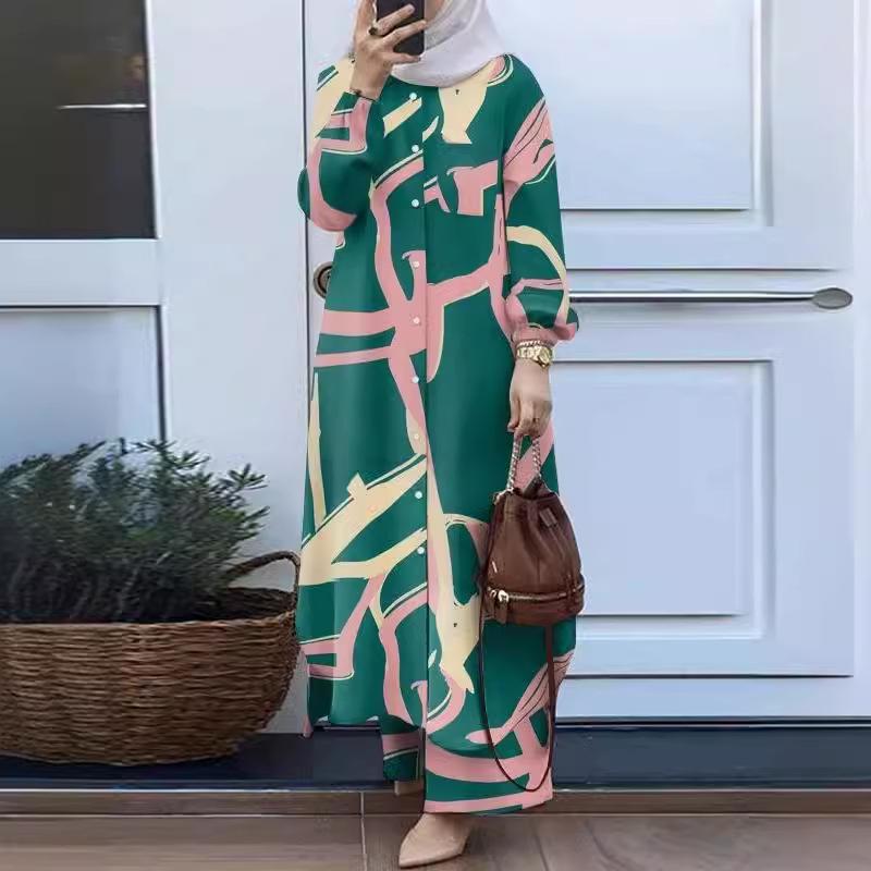 2024 Floral Print Two-Piece Muslim Women's Retro Long Shirt & Wide-Leg Pants Suit for Spring & Autumn