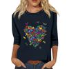 Women's Fashion Loose Casual Seven 3/4 Sleeve Printed Round Neck Pullover Top