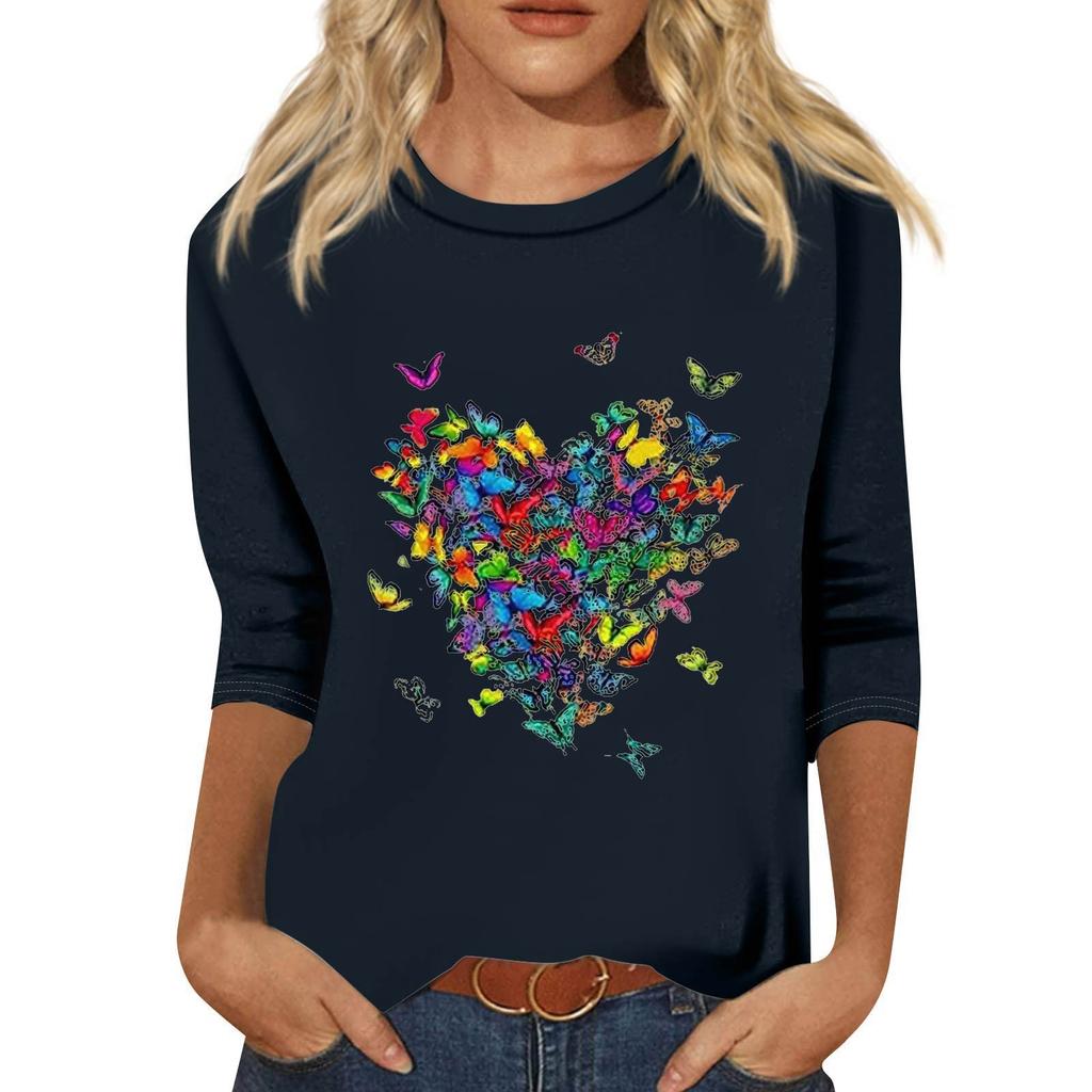 Women's Fashion Loose Casual Seven 3/4 Sleeve Printed Round Neck Pullover Top