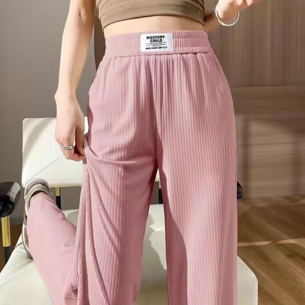 Women's Elastic High Waist Wide Leg Pants Loose Straight Ice Silk Vertical Striped Drape Casual Drawstring Hem Long Trousers For Summer Daily Wear