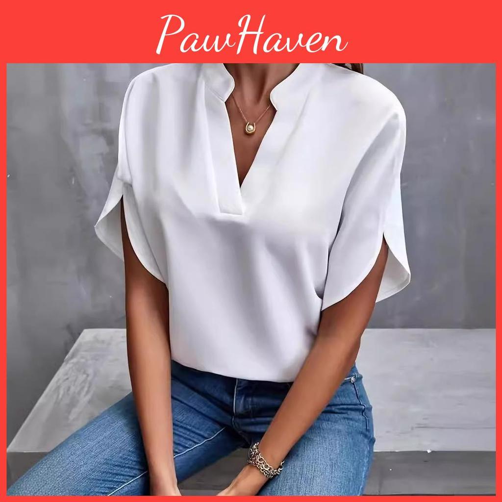 Fashion Solid Casual Summer Womens Color Print Short Sleeve Vneck Blouses Shirts