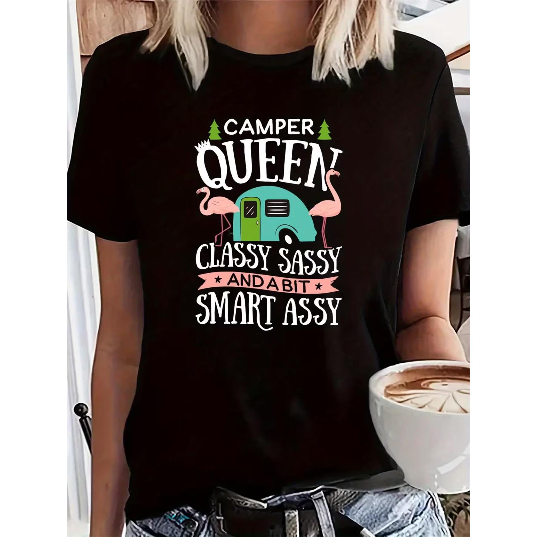 Women s Camper Queen Graphic T-Shirt - Comfy Stretch Short Sleeve Round Neck Summer Top with Camper Van & RV Design, Relaxed Fit Casual Tee S чёрный