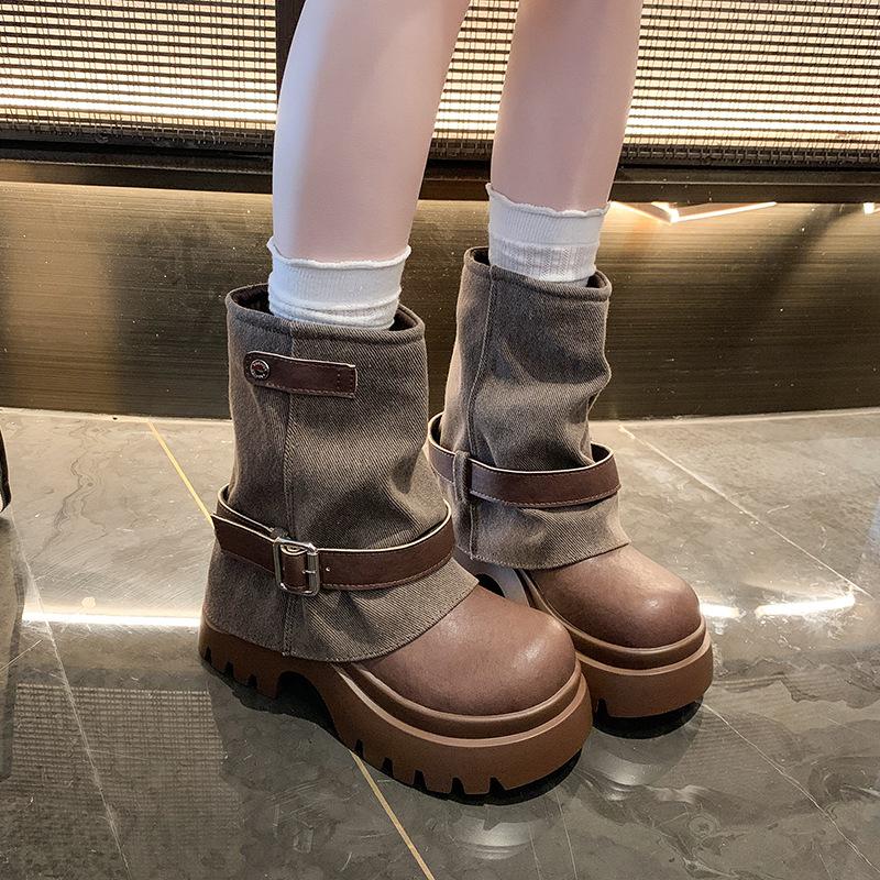 [Fanfna] Thick-soled trouser tube boots women's pile boots 2025 autumn new western cowboy short boots big head Martin boots