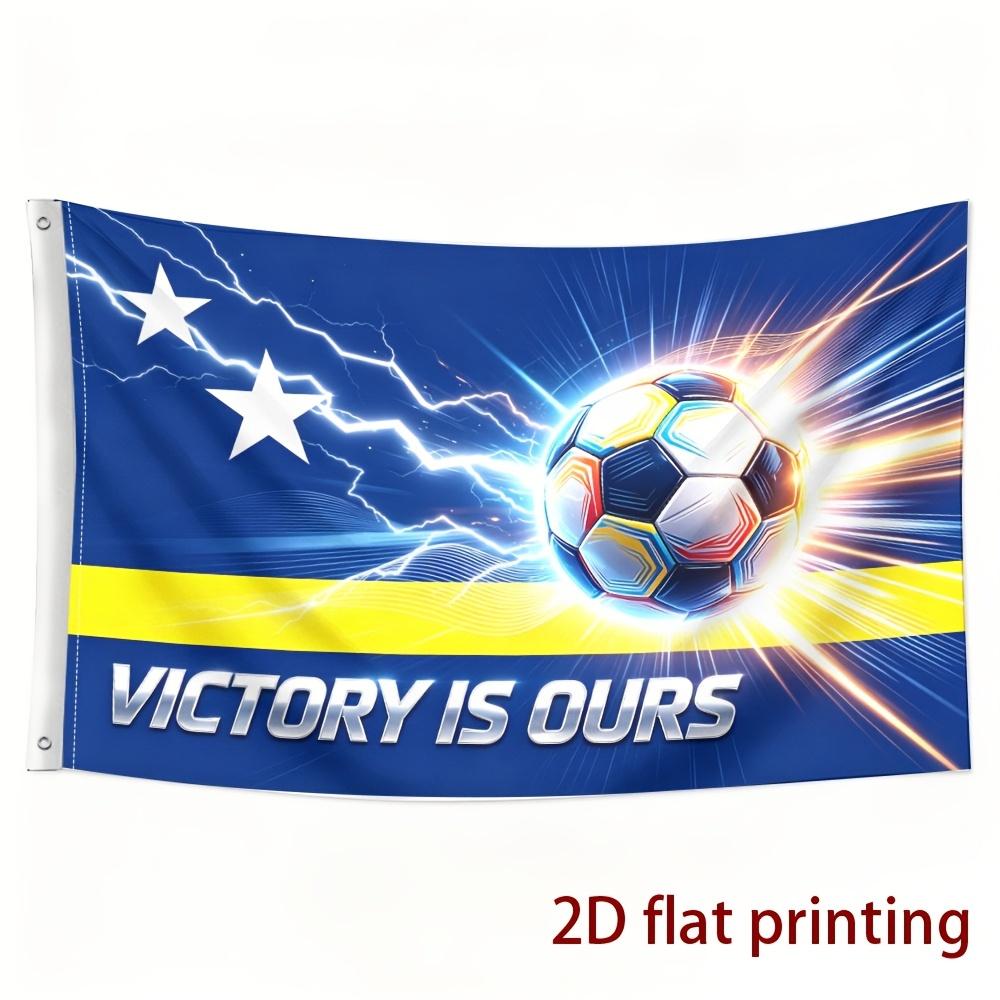 2D Flat, 2D Flat Blue and Yellow Color Scheme with White Stars and Soccer Ball Pattern Flag, Single-sided Print. Suitable for Party Flags, Decorative