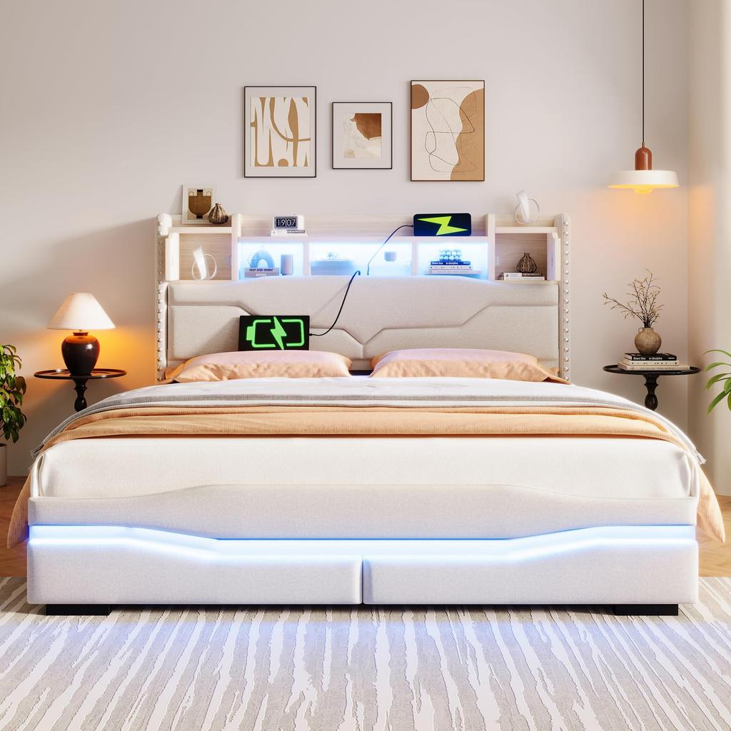 Polsterbett 160x200 Hydraulischer Stauraum, LED-Kopfteil, USB-A&C Ladefunktion, Lattenrost, ferngesteuerte Lichtleiste, Ohne Matratze, Beige