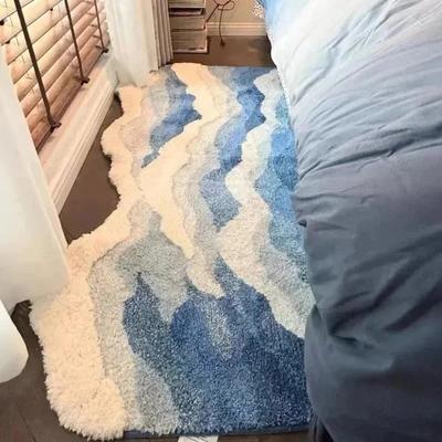 Thick Flocking Ocean Wave Rug Non Slip Rubber Back Washable Acrylic Floor Mat For Bedroom Bathroom Beach House Decor