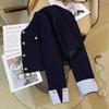 Navy Blue Short Jacket for Women Fashion Striped Patchwork Long Sleeve Coat Woman Spring Autumn French Gold Button Tweed Jacket