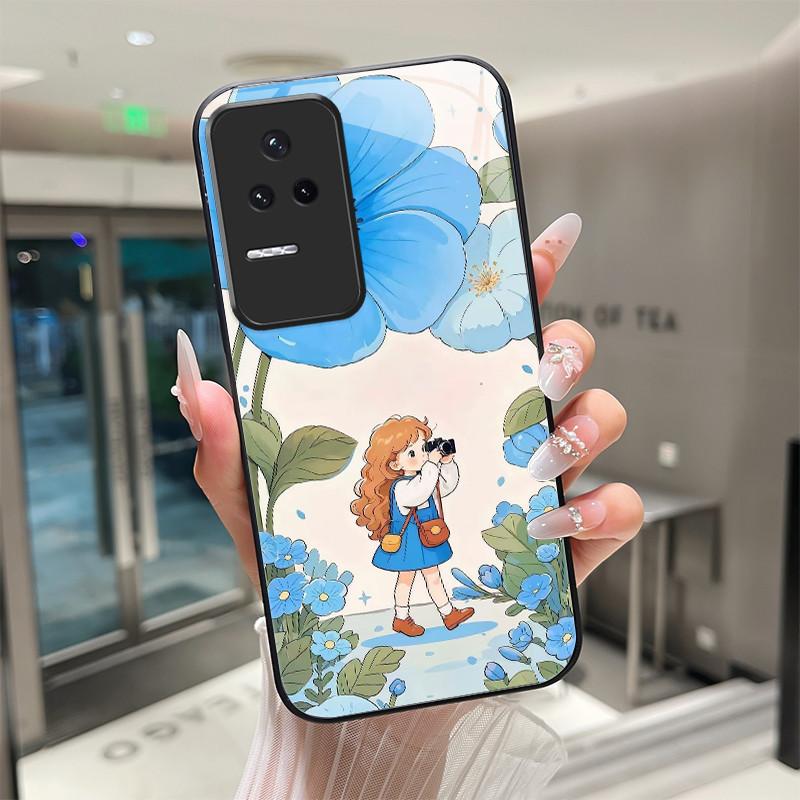 Beautiful Flower Cute Cats Case For Xiaomi Poco F4 5G / Redmi K40S Tempered Glass Phone Case Protective Back Cover Hard Shell