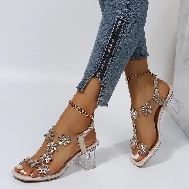 Fashion Summer Women Sandals Pvc Crystal Flower Decoration Chunky Heel Peep Toe Back Strap Elastic Band Elegant Fashion Shoes Ladies