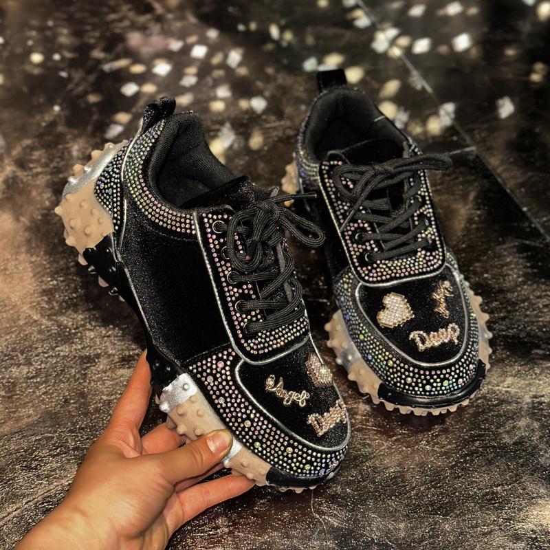 Womens Water Diamond Sports Shoes Crystal Suede Luxury Designer Casual Shoes Thick Soled Non Slip Vulcanized Shoes  Mujer Comfortable Soft Sole Non Sl