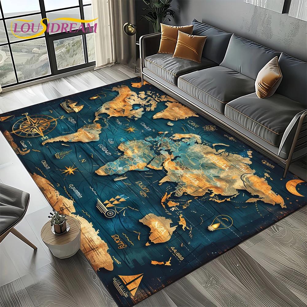 2025 Retro Ancient Nautical Chart Kraft World Map Compass Carpet Rug for Living Room Bedroom Sofa Decoration,Non-slip Floor Mat