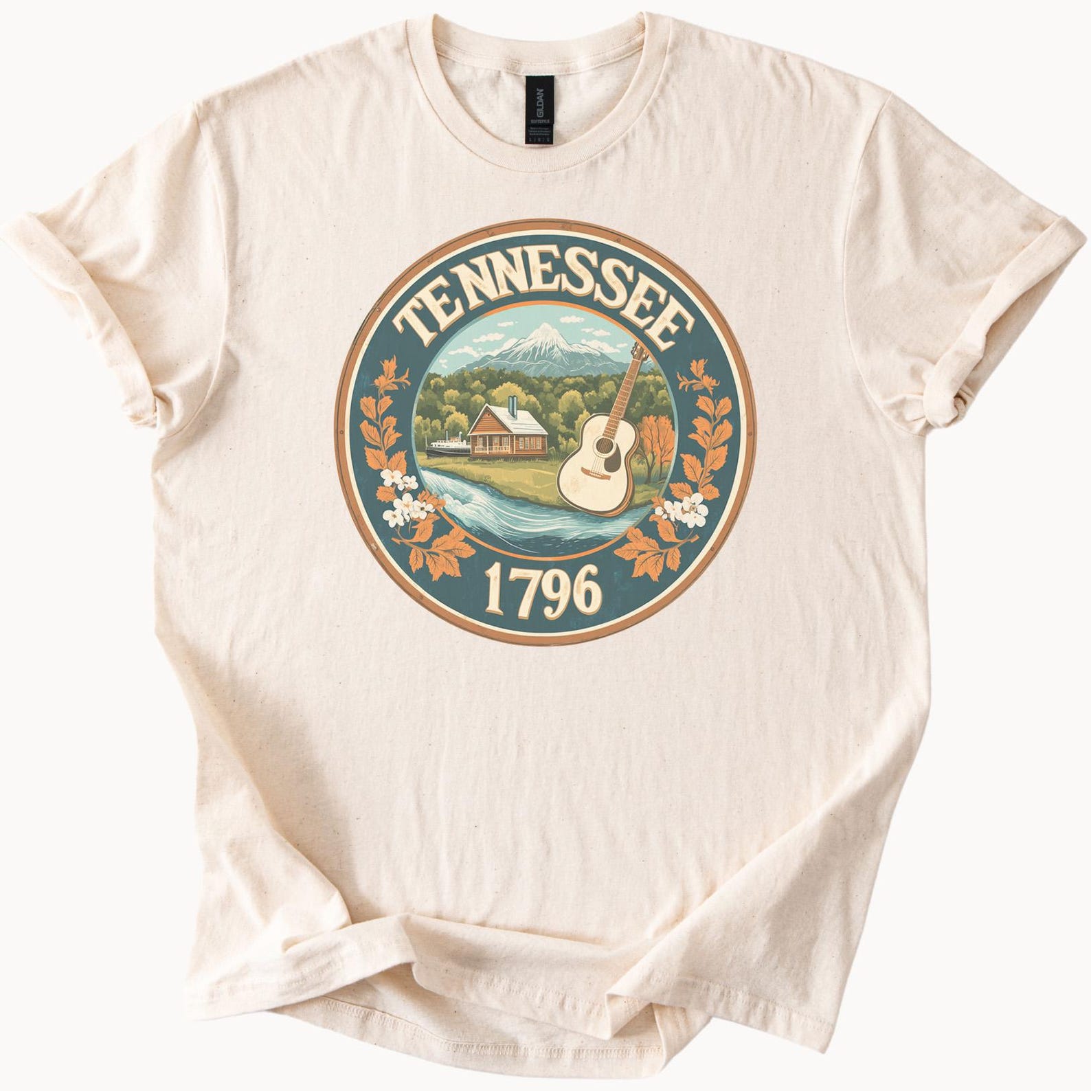 Tennessee 1796 Mountain Cabin Guitar River Graphic T Shirt State Souvenir Country Music Tee Gift Southern Scenic Landscape Shirt 130