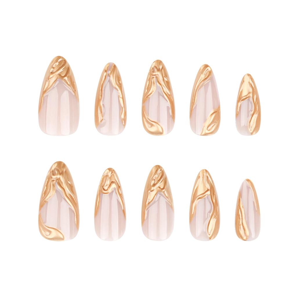 French Style 3D Gold Wearable Short Almond False Nails