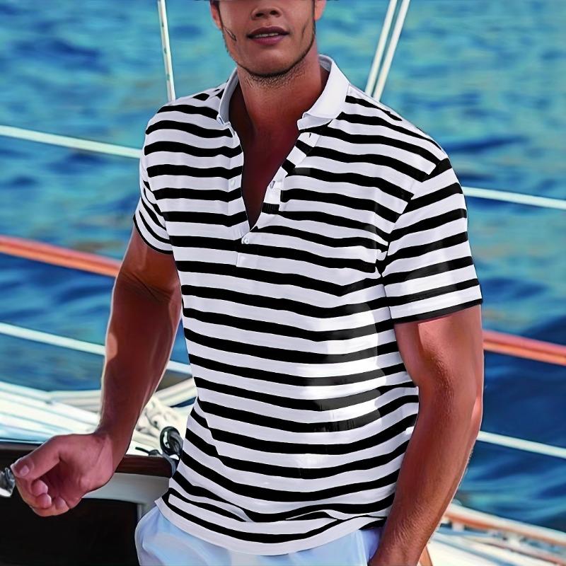 Summer Men's Blue White Striped Polo Shirt Nautical Short Sleeve Top