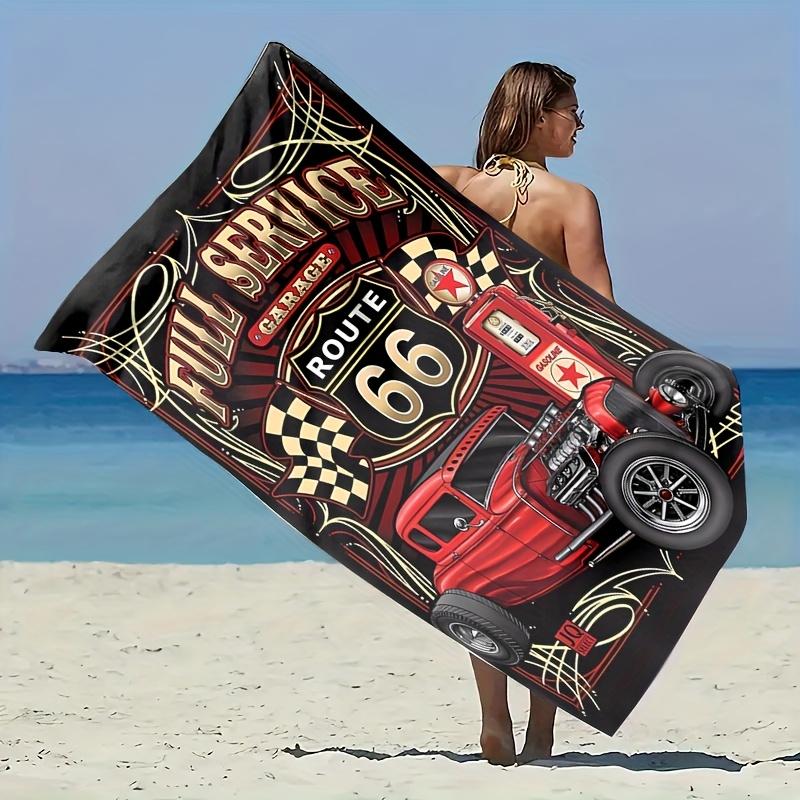Vintage Route 66 Design Strandtuch, Retro Amerikanische Straßenkunst Schnelltrocknendes Sandfreies Mikrofaser Badetuch für Reisen und Camping