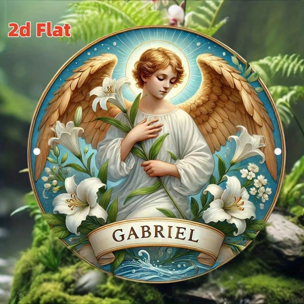 Embossed Metal Wall Art Archangel Gabriel with White Lilies Blue Water Design Home Decor 20x20